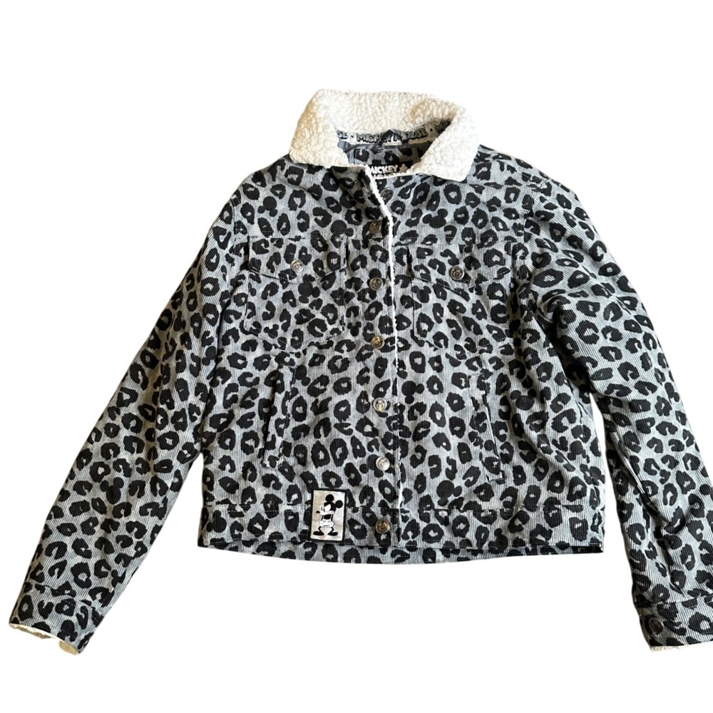Mickey Mouse Women's Grey Leopard Print Sherpa Lined Corduroy Trucker Jacket S
